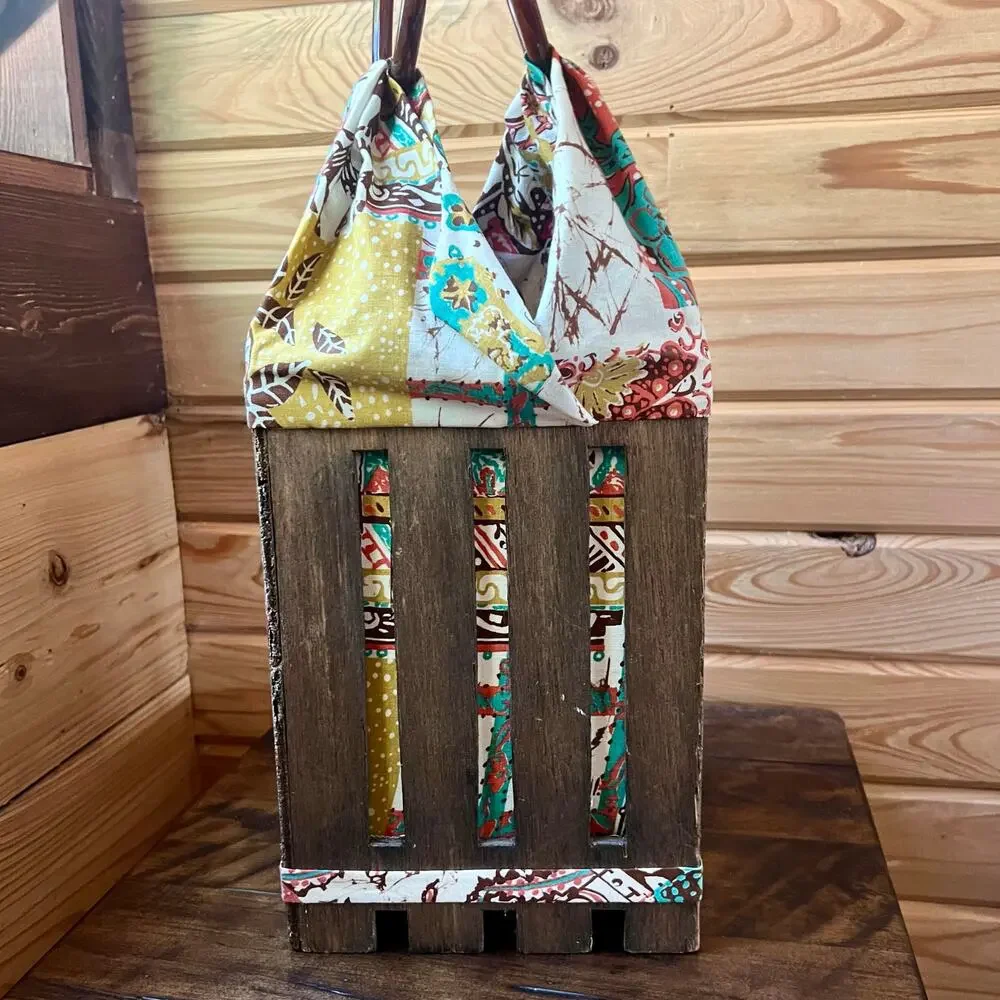 Handmade Wood Crate Basket Bag Box Purse Folk Art Patchwork Lined Rustic Decor
